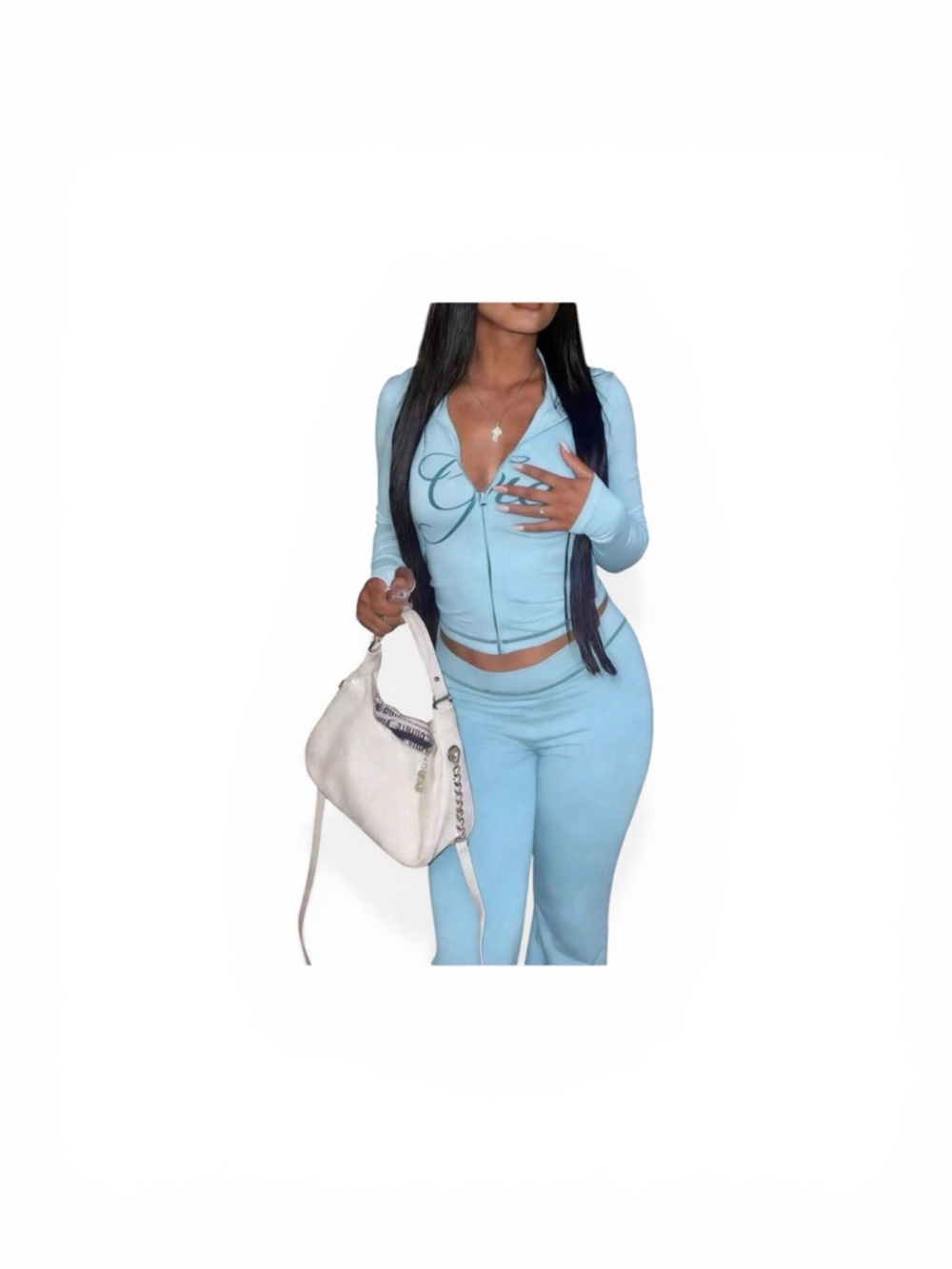 Light Blue Zip-Front Track Pants & Crop Jacket Set